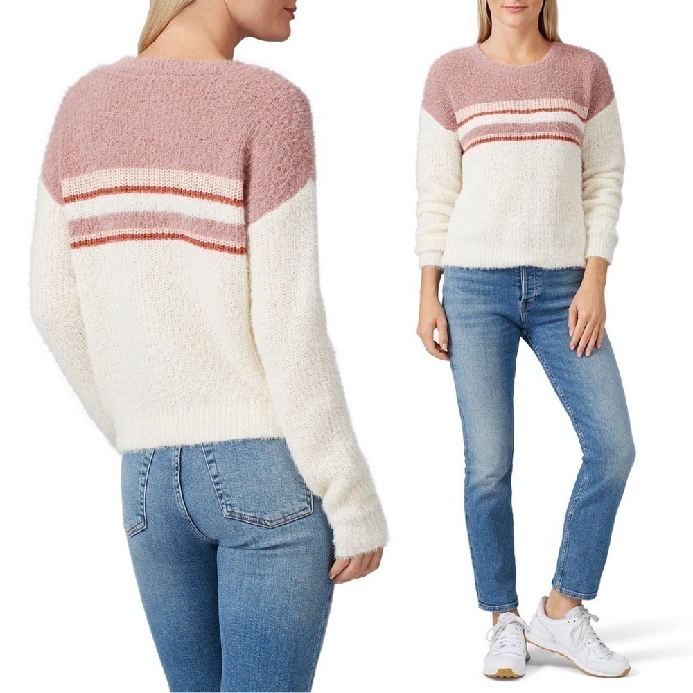 LOUNA Sweater Fuzzy Eyelash Ribbed Knit Colorblock Striped Crew Neck Pullover L